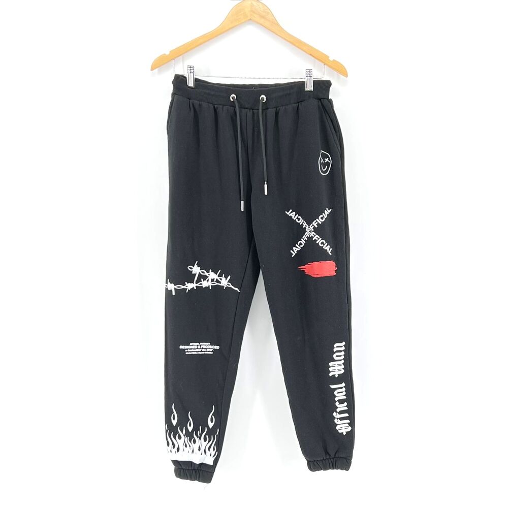 boohooMAN Official Graphic Sweatpants Mens Sz S Black Streetwear Fleece Joggers